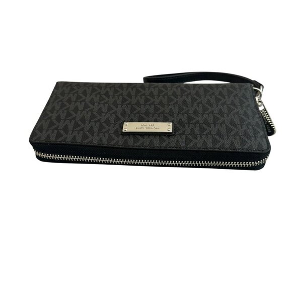 Michael Kors Jet Set Continental Wallet Signature Black Grey Handle Zip Leather - Picture 6 of 11